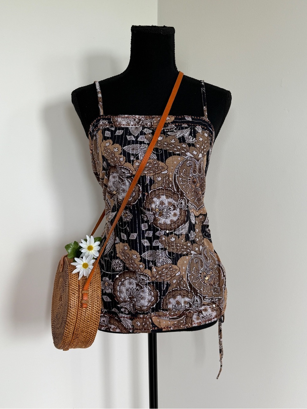 Y2K Vintage Inspired Paisley Sequin Ruched Cami Top — Brown & Black | Sz. UK 12